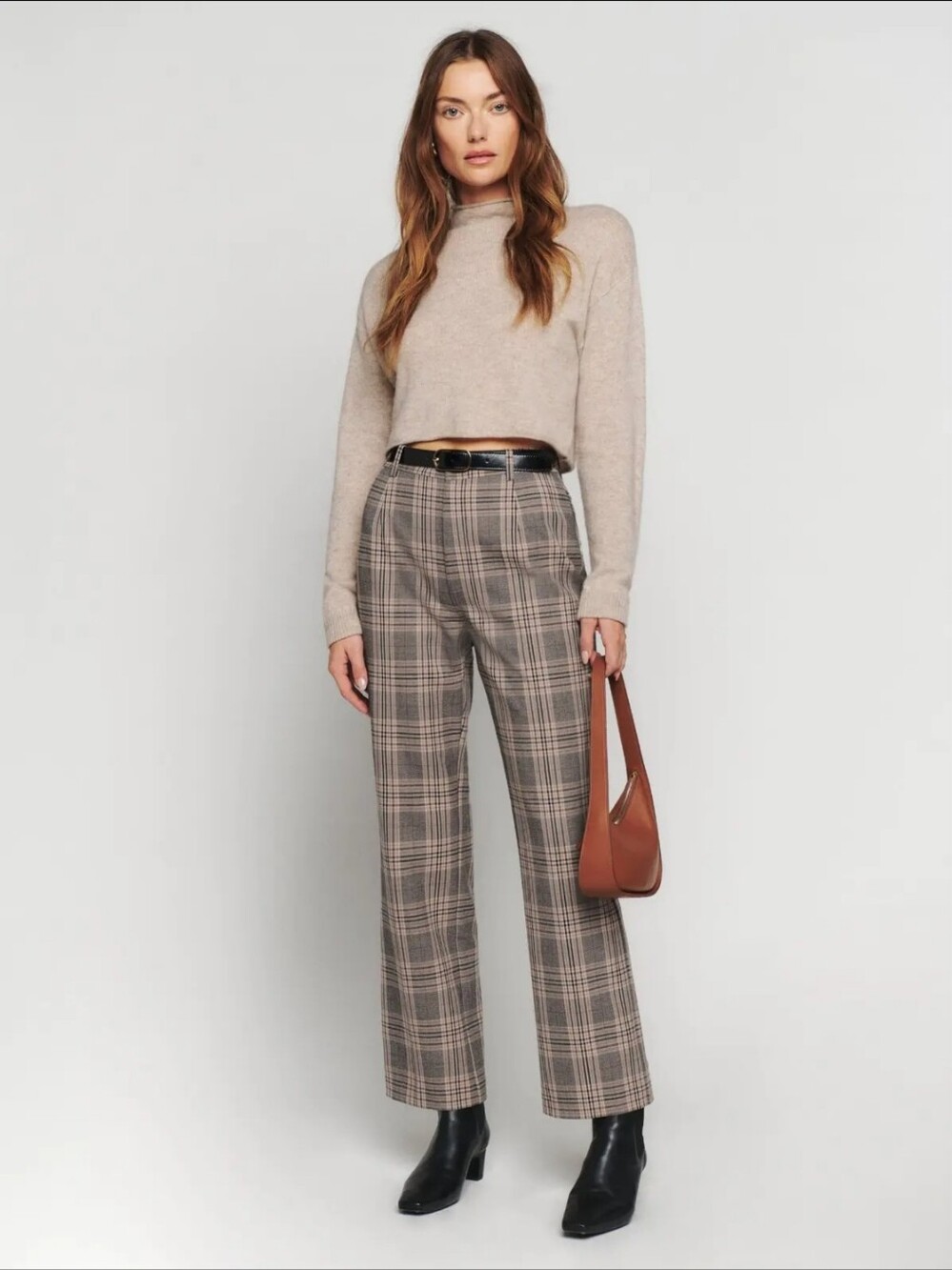 Reformatio. Plaid Straight-Leg Trousers in Taupe